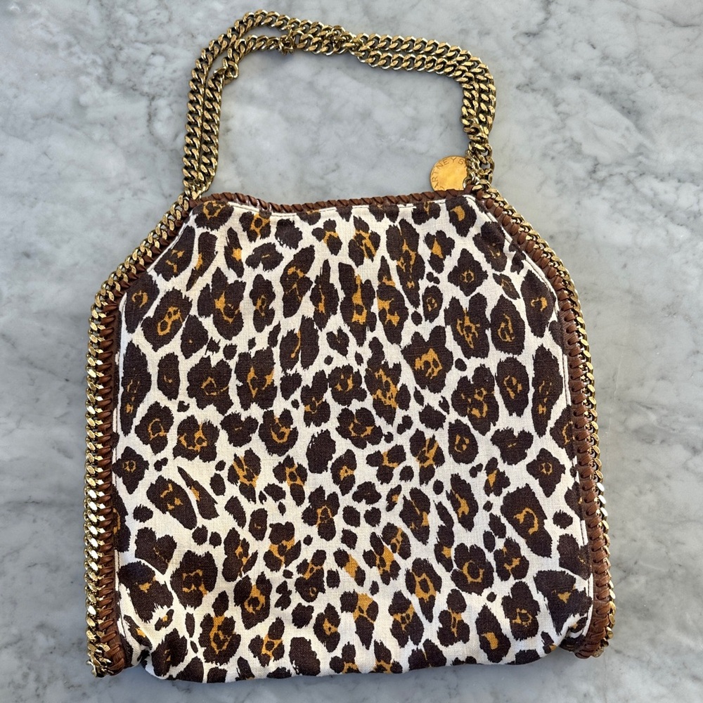 Stella McCartney - Brown Yellow Leopard Print on Cream Canvas Bag & Gold Chain - Picture 3 of 17